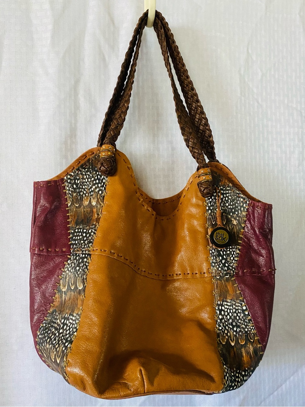 The Sak Brown,Burgundy, Feather Design  Leather Bucket Bag With Braided Handles
